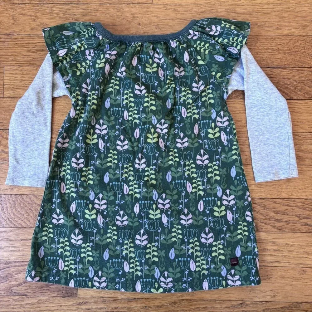 Tea Collection Girls Sz 2 Long Sleeve Cotton Green Floral Dress Spring Cottage